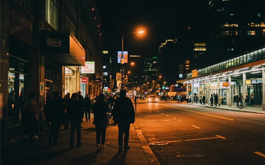 夜晚的温哥华街头与公共交通站点，暖色灯光与人群秩序感，观赛回程氛围