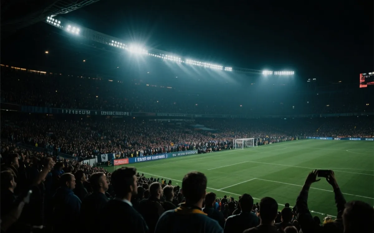 夜晚球场灯光与球迷人潮，表现淘汰赛紧张氛围