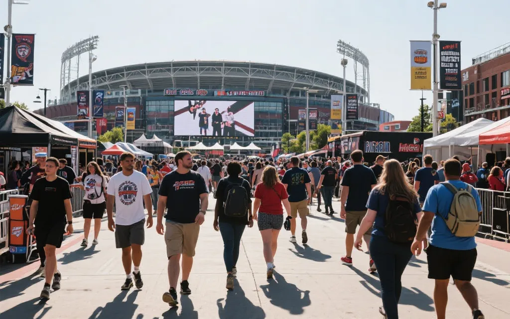 白天的球迷街区场景，人们在户外观赛区与城市步行街互动