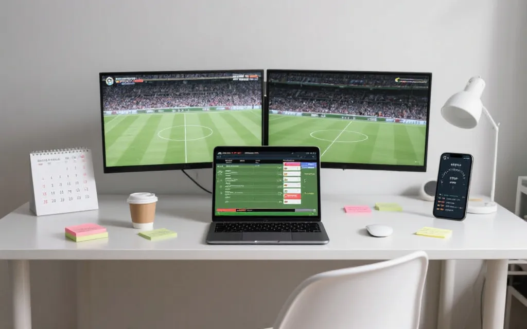 笔记本与手机双屏观赛的桌面布置，旁边有日历和时差换算记录