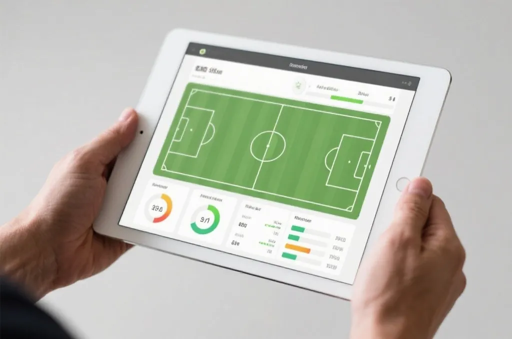 A tablet showing a clean sports analytics dashboard with soccer field graphics and live statistics, hands holding the tablet, neutral background